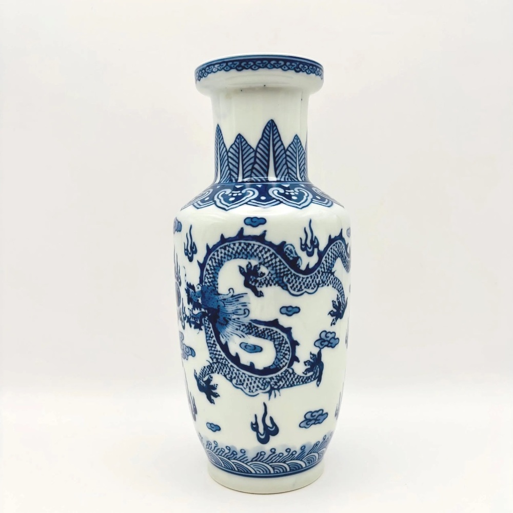 Chinese Blue and White Porcelain Vase With Dragon Design 8"
